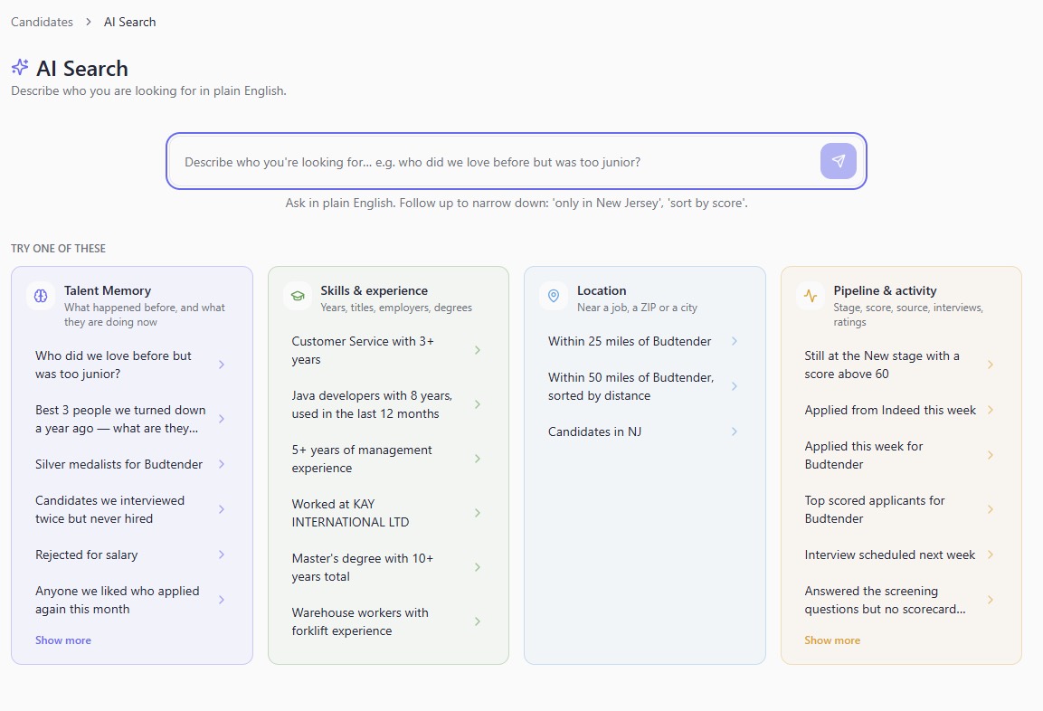 ReadyATS AI Search screen with a plain-English search box and four categories: Talent Memory, Skills and experience, Location, and Pipeline and activity